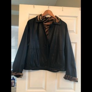 Reversible leather/animal print bomber jacket